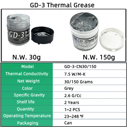 Imagen 2 del producto GD-3 grasa conductora térmica 7,5 W/M-K peso neto 30/150 gramos pasta gris yeso disipador de calor compuesto para computadora CPU GPU CN30