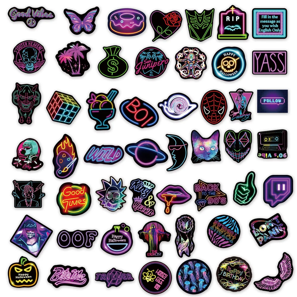 10/30/50PCS Neon Cartoon Graffiti Waterproof Sticker Personalized Creative Trend Decorative Refrigerator Guitar Helmet Wholesale