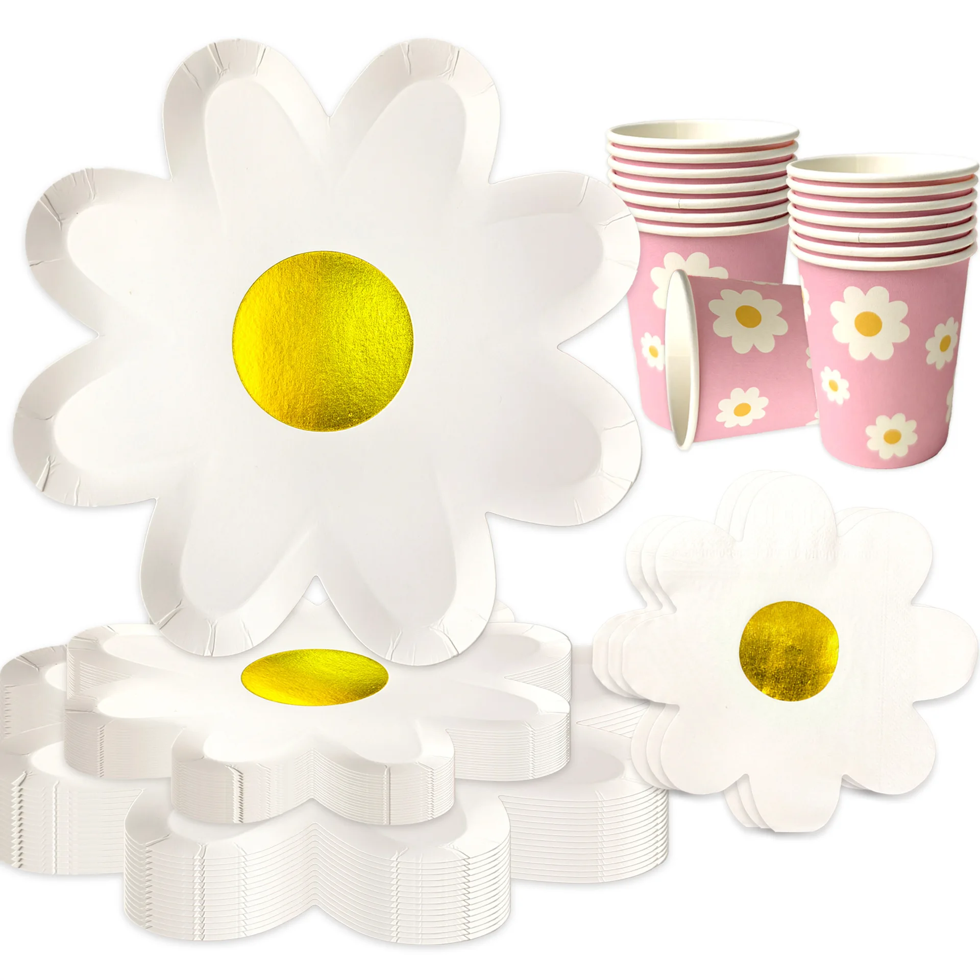 Набор биоразлагаемой посуды Daisy Gold Stamping White: тарелки, чашки для свадебного декора, дня рождения, семейных встреч, детского праздника.
