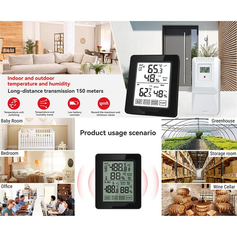 HFES Indoor And Outdoor Digital Electronic Temperature And Humidity Meter With 1 Sensor Backlight Wireless Long-Distance