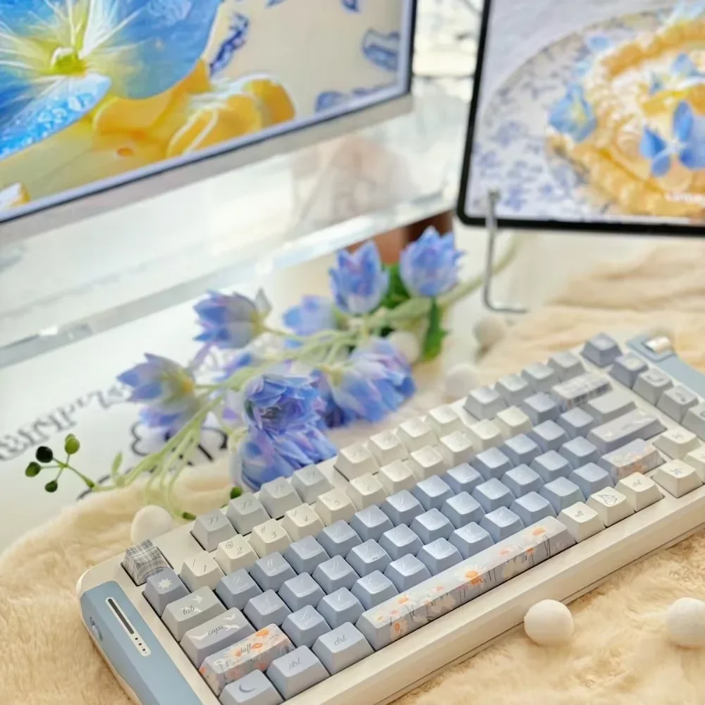Material PBT Adequado para Teclado Mecânico, Cherry Light Blue Keycaps, Pequeno crisântemo, Conjunto completo