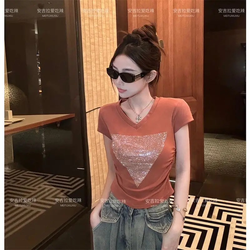 2024 Elegant Fashion Harajuku Slim Fit Female Clothes Loose Casual All Match T-shirts V Neck Insert Cotton Short Sleeve Tshirts