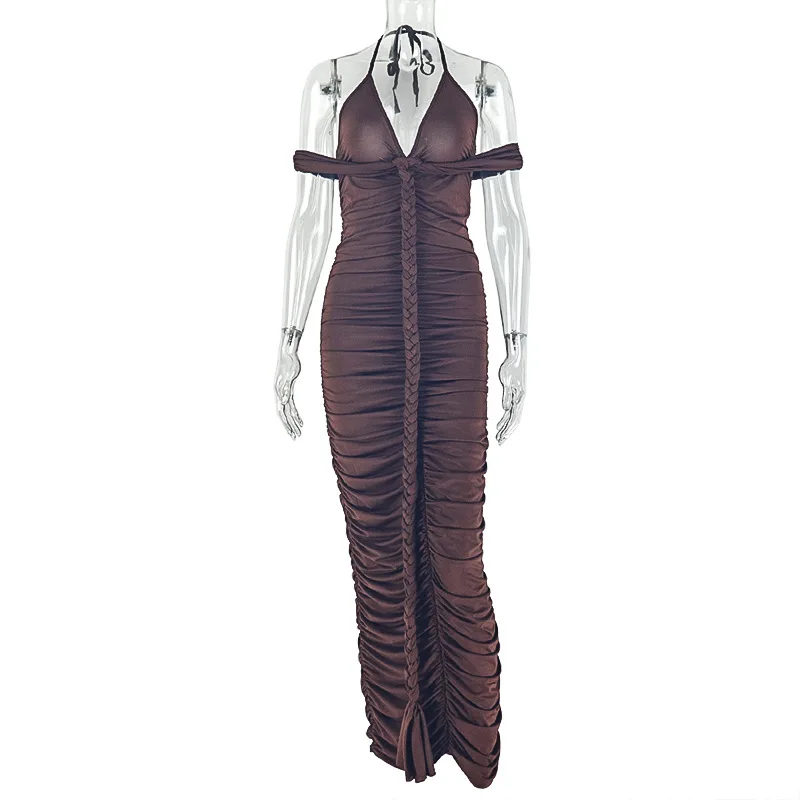 Frauen Sexy Braid Band Geraffte Bodycon Maxi Kleid V-ausschnitt Spitze Up Halter-Backless Off Schulter Schlank Bankett Party Lange Robe