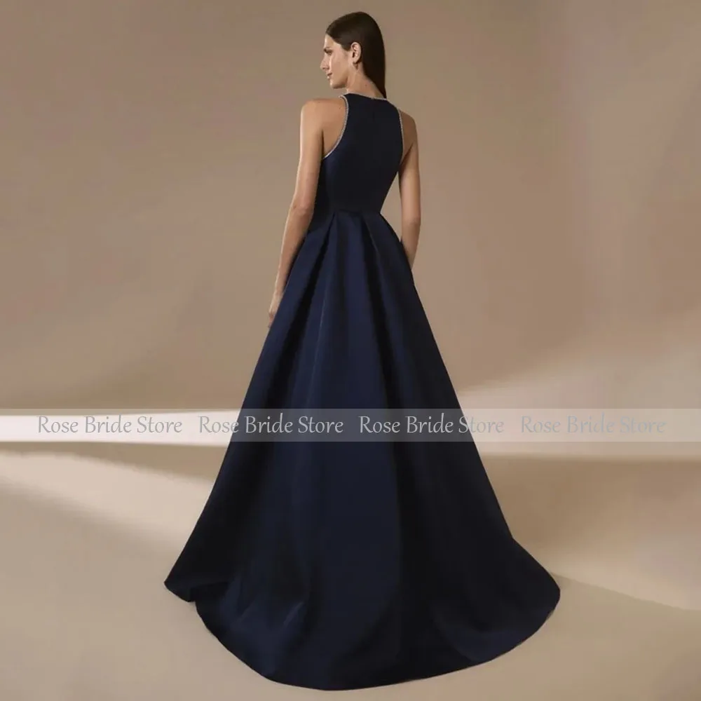 Vestidos de Noche de satén azul marino para mujer, vestidos de fiesta elegantes con cuello redondo y cuentas, vestido de fiesta Formal de línea A con abertura lateral larga, 2025