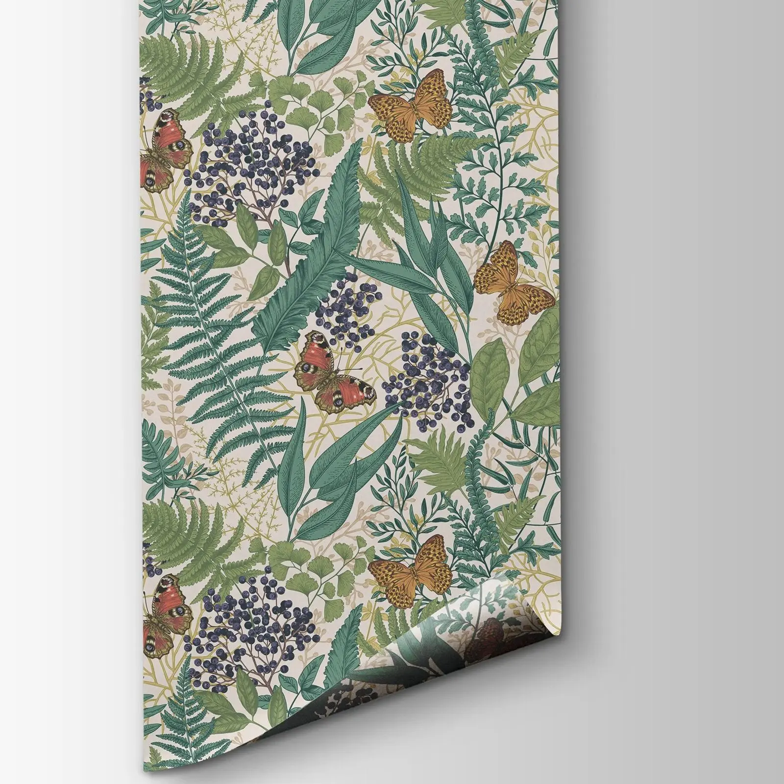 Forest Wallpaper Peel and Stick,Vintage Fern Berry & Butterfly Wall Mural,Woodland Botanical Home Decor,Self-adhesive /Tradition