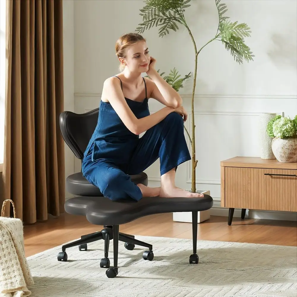 Ergonomic Swivel Meditation Chair with Wheels, Height-Adjustable Seat, Lumbar Support, Black PU Leather