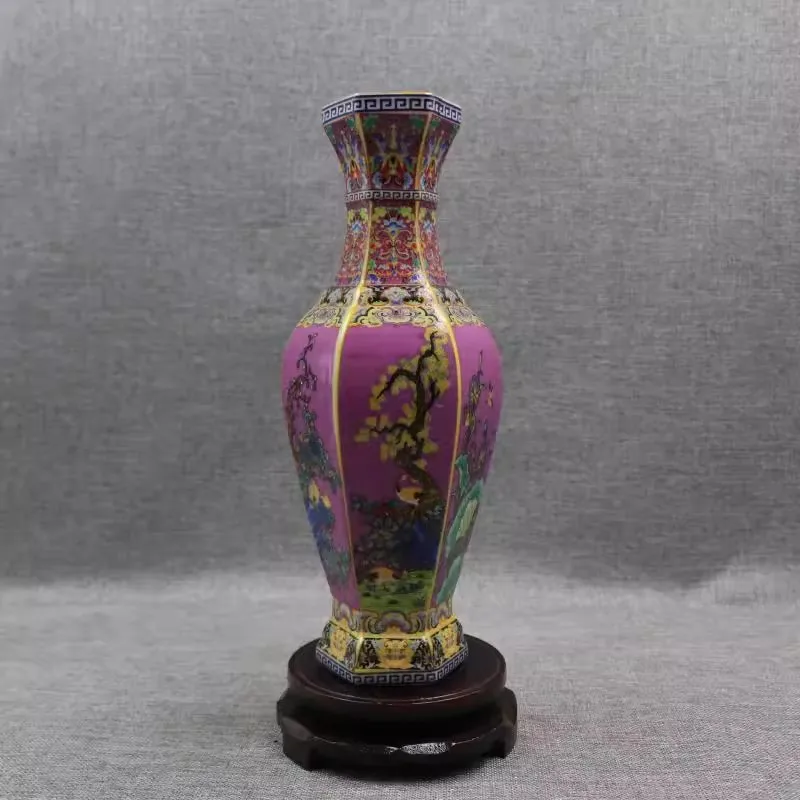 Famille rose enamel and gold six-sided vase with a bird and flowers of the Yongzheng period of the Qing