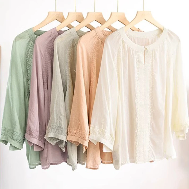 100% 린넨 여성 캐주얼 블라우스 셔츠 신상 2025 여름 빈티지 스타일 플로럴 자수 루즈핏 여성 탑 셔츠 T700