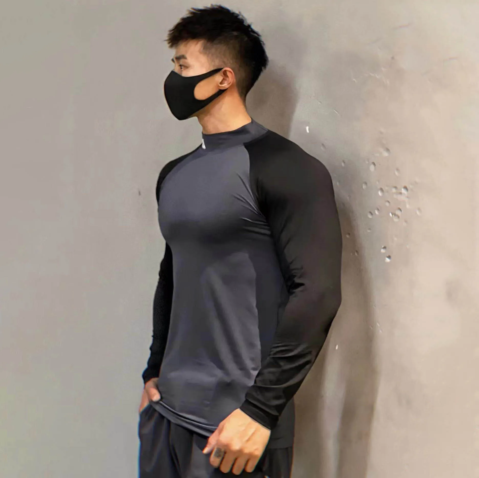 Men Turtleneck Long Sleeve Shirts Slim Fit Bodybuilding Tshirt Patchwork for Men Woukout Fitness Training Shirt