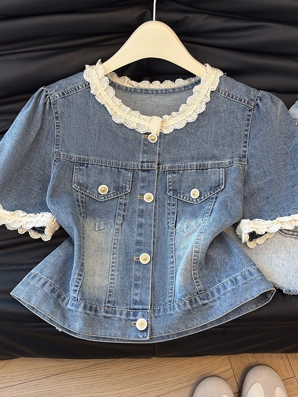 

Korean Style Sweet Youthful Splice round Neck Lace Short Sleeve Denim Jacket Women's Summer New Retro Fashion Top
