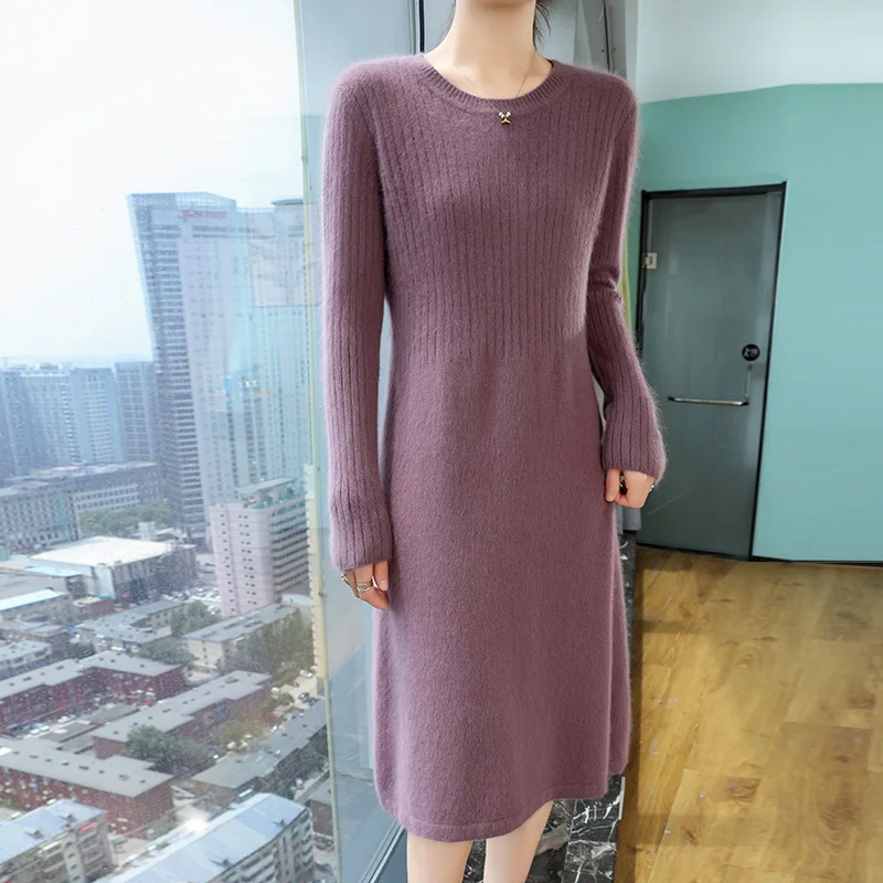 Autumn And Winter New Round Neck 100% Mink Cashmere Knit Dress Women's Knee-Length Bottoming Sweater Loose Skirt