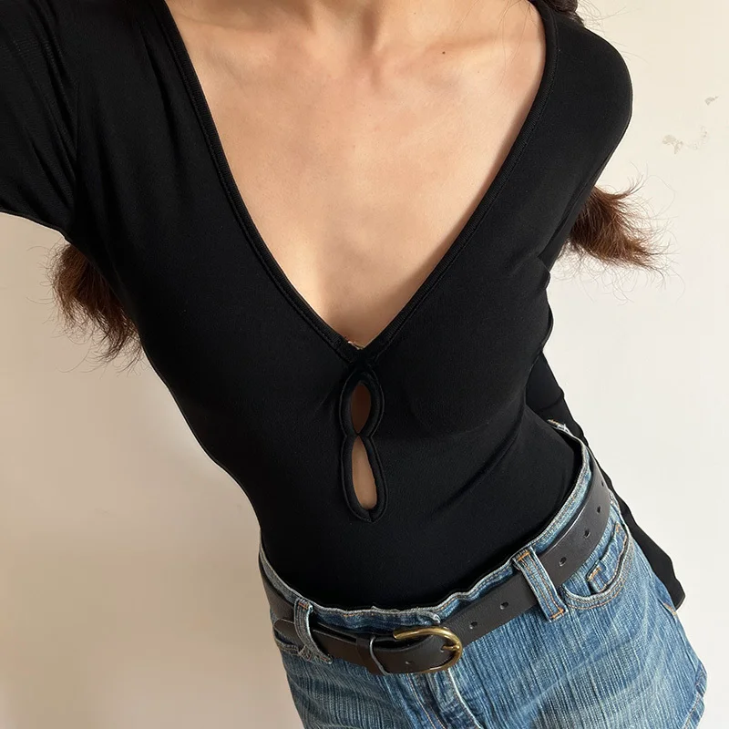 

Women's Sexy Pure Color Deep V-ne Hollow out Long Sve T-irt Rer Soft Comfortable Slim Fit Design High Waist orts