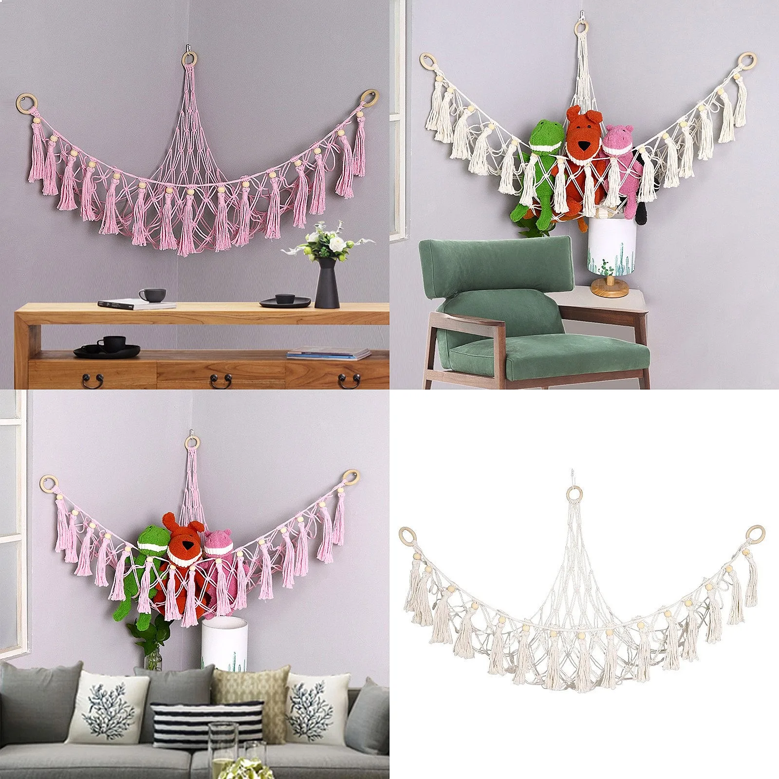 Handmade Macrame Woven Plush Toy Hammock Net Storage Organizer for Kids Room Wall Hanging Decor