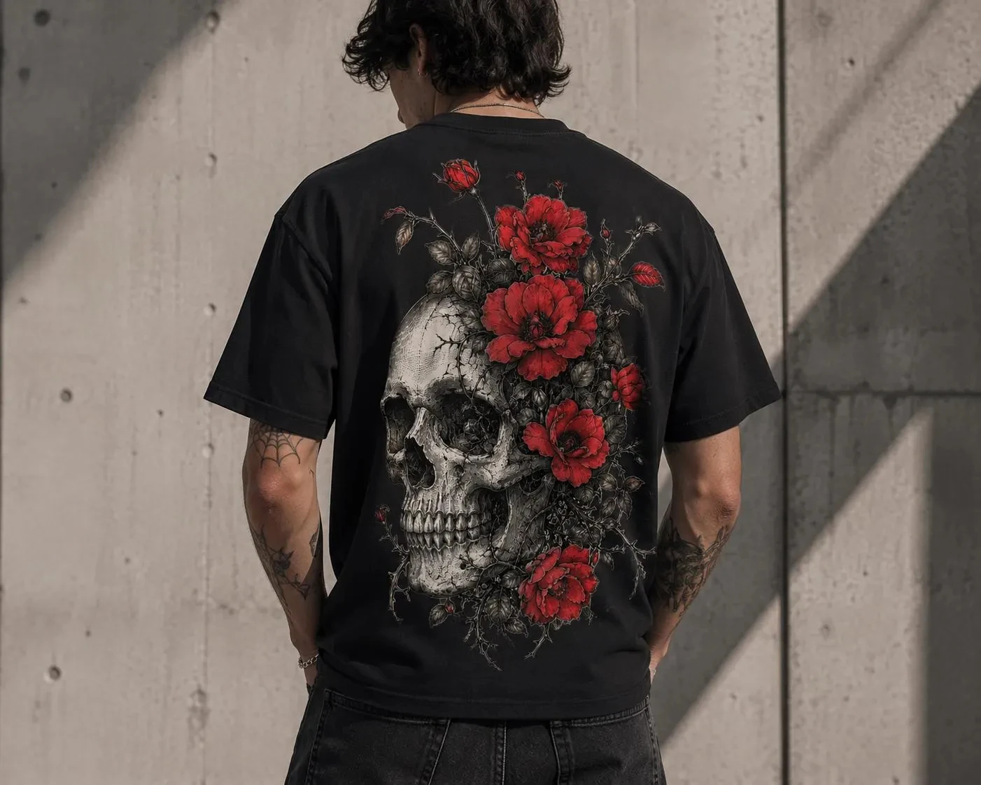 Gothic Skull Rose Tee – Blood Flower & Cracked Bone Design – Edgy Alternative Fashion – Tattoo Lover Streetwear