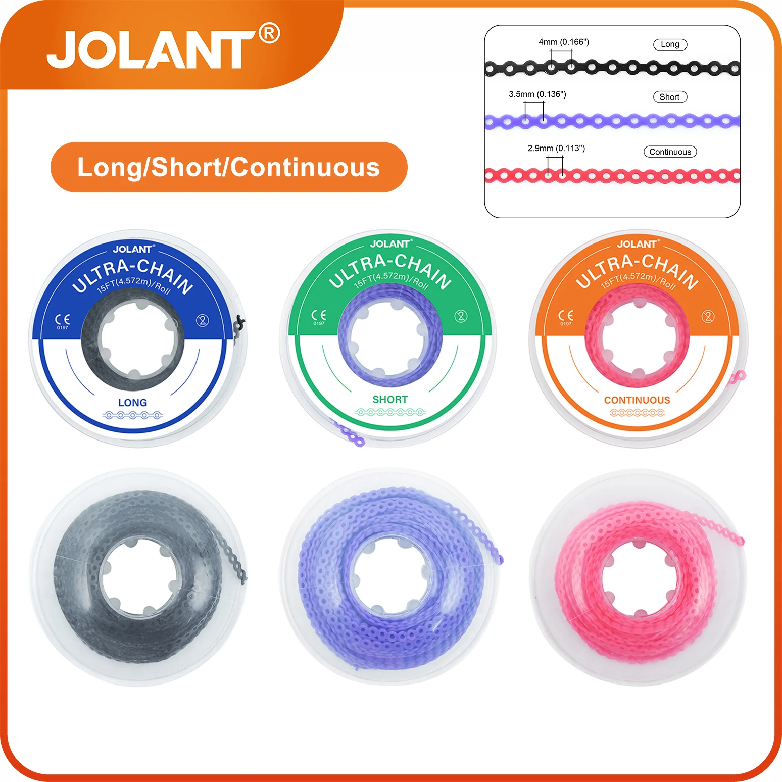 JOLANT-Elástico Ortodôntico Odontológico, Cadeia Ultra Power, Material Elástico, Longo, Curto, Contínuo, 15 Pés/Rolo