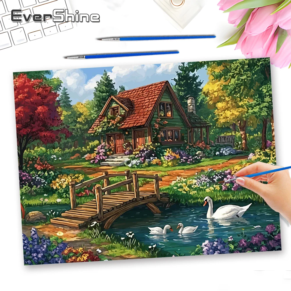 EverShine DIY Ölgemälde nach Zahlen Gartenhaus-Kunst Landschaftsbaum-Zeichnung Erwachsenen-Malset Schwan-Dekoration für Zuhause