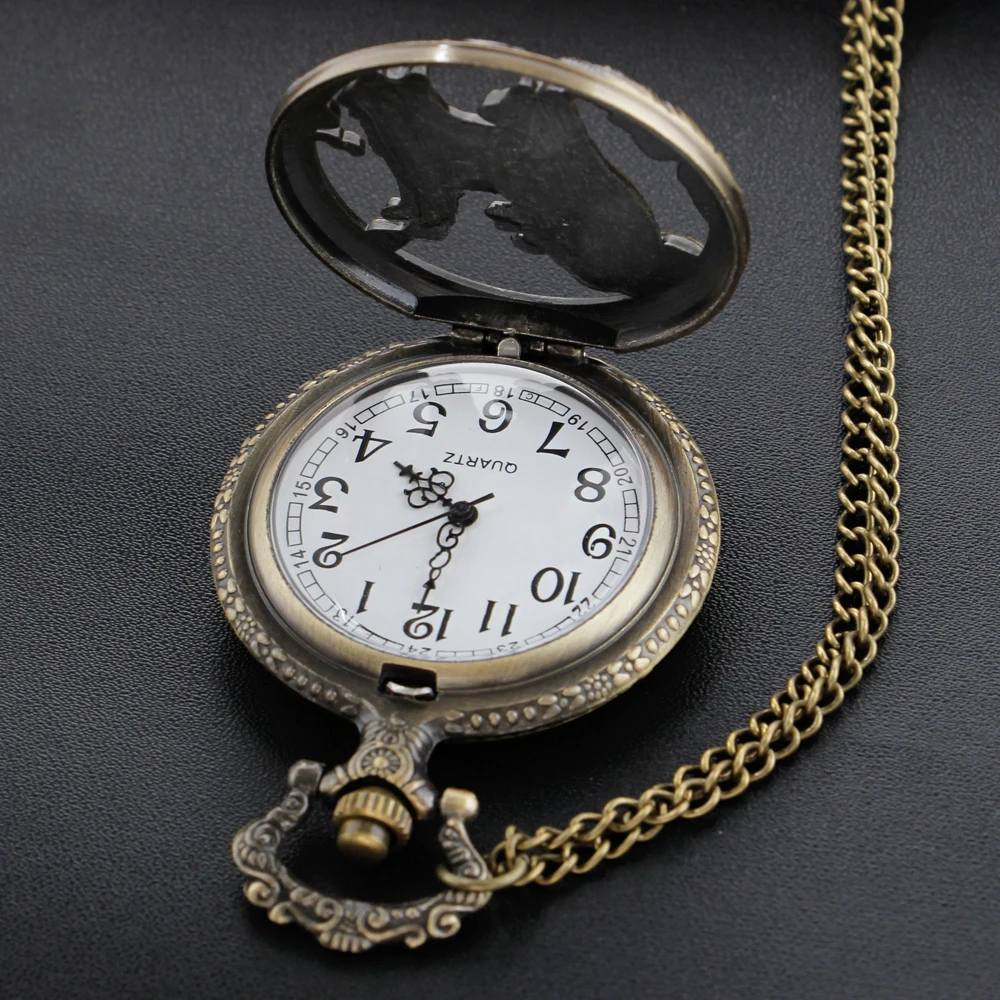 Antique Hollow Forest Wolf Exquisite Relief Quartz Pocket Watch Vintage Bronze Fob Chain Men's and Women's Children's Clock Gift