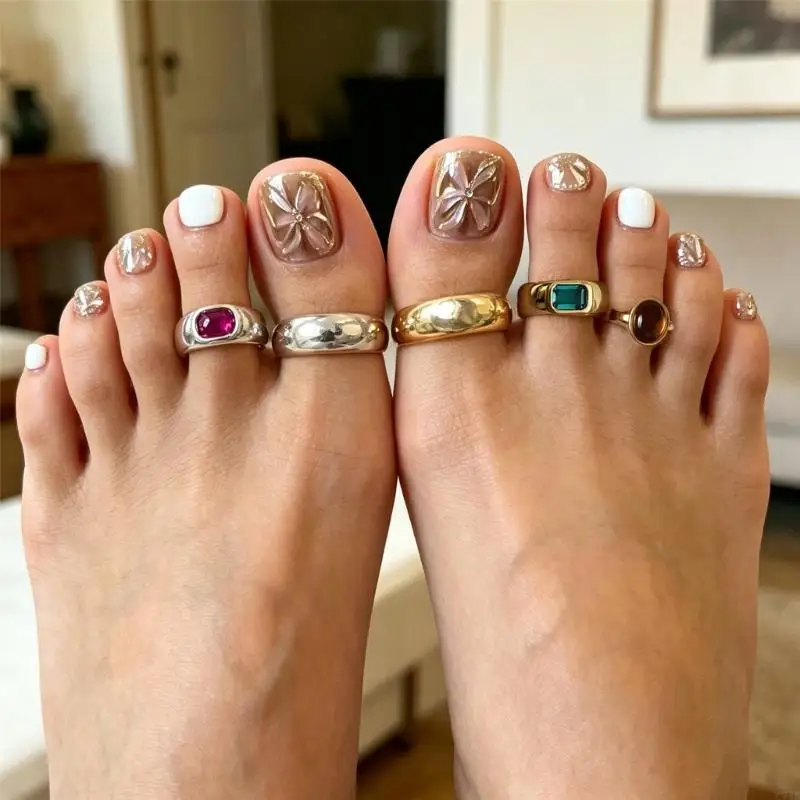 Open Band Foot Jewelry Pack of 2 Adjustable Toe Rings with Rectangular Rhinestones Detail for Daily Wear Outfits