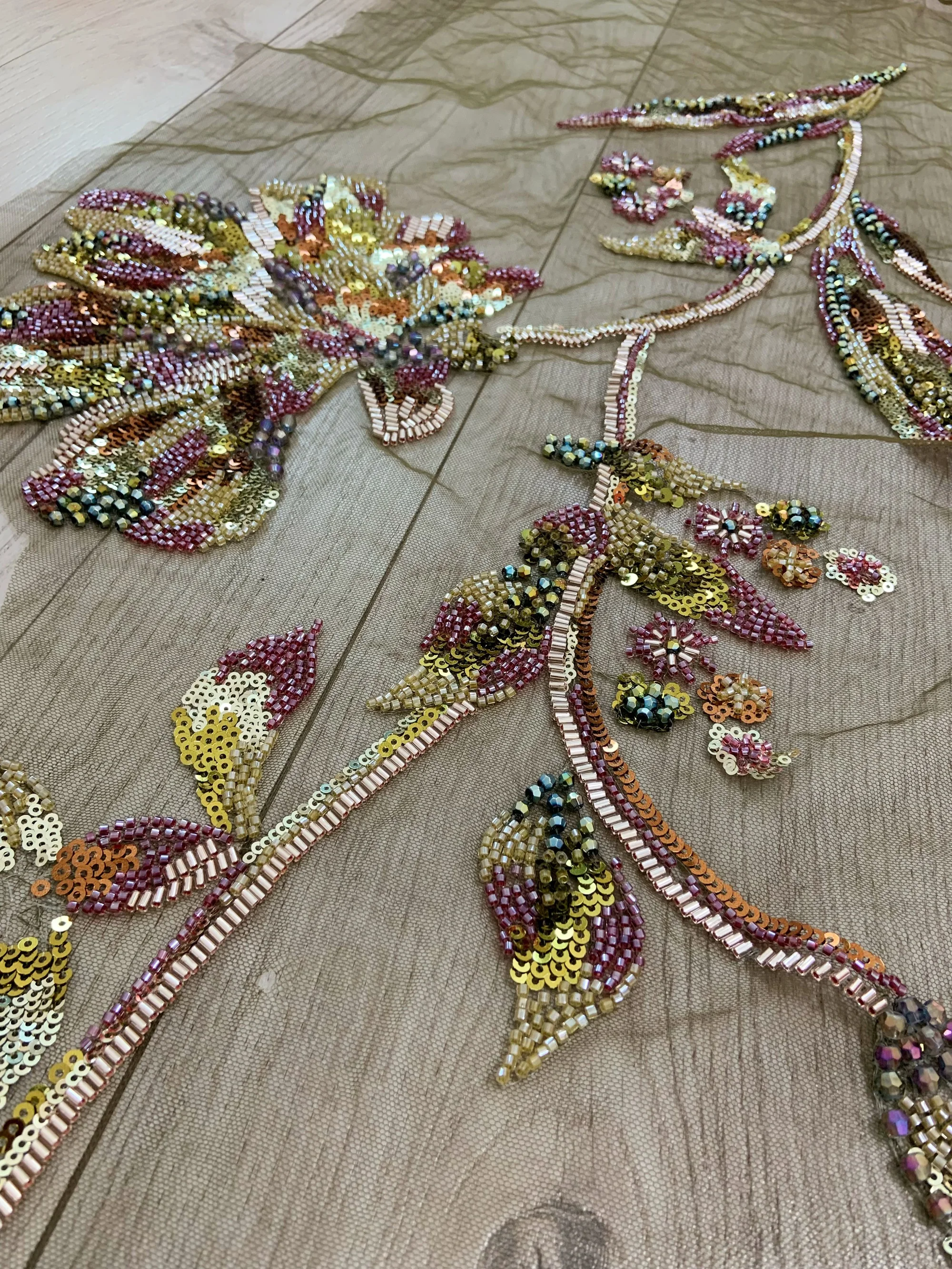 New 1 Piece Luxury Green Heavy Bead Flower Lace Fabric Patch Applique for Wedding Dress,Ball Gown,National Customs  Accessories view 5