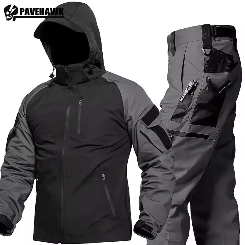 Mens Combat Sets Outdoor Wear-resistant Hooded Tactical Jacket+Multi Pocket Hunting Pants 2-piece Waterproof Training Suits