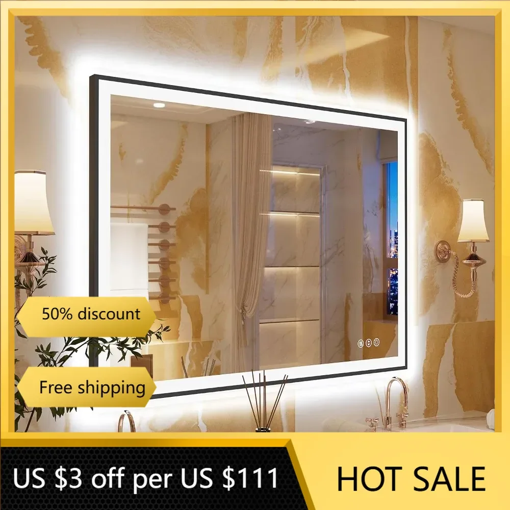 LED Bathroom Mirror 48x36 with Backlit and Front Lighted, Framed Dimmable Illuminated Mirror for Wall Anti-Fog Shatterproof