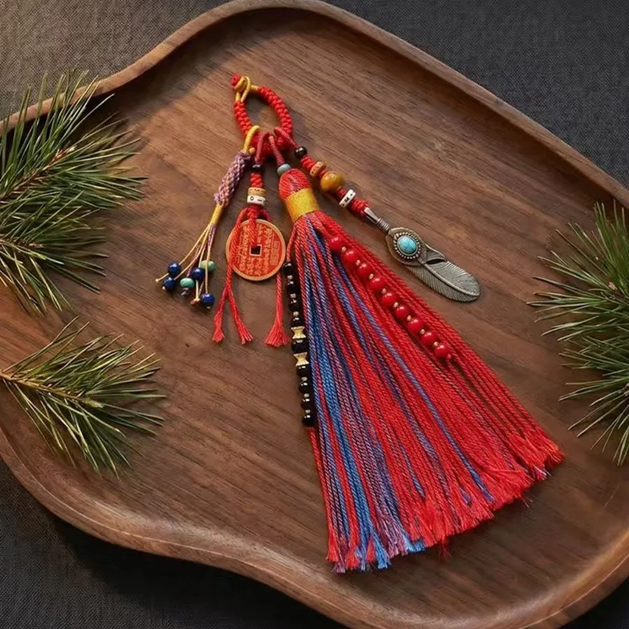 Tibetische Quaste mit Kupfermünzen und Perlen, Vajra-Stößel-Anhänger, gewebtes Lanyard, DIY-Schlüsselanhänger, Handyriemen, Taschen- und Auto-Hängeaccessoire – Detail 32