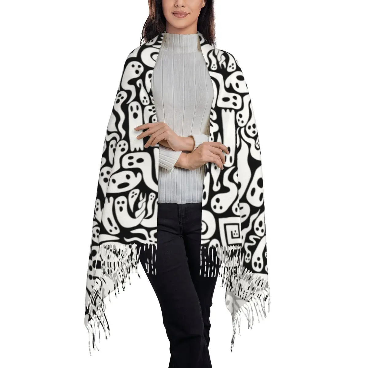Spooky Ghost Halloween Cartoon Pattern Scarf Tassel Scarves for Women Soft Warm Shawls and Wraps Large Fall Winter Shawl Wrap
