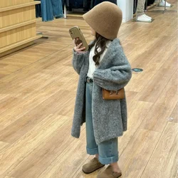 Girl Coat 2023 Autumn and Winter Children Wear Korean Style Children Wear Girls Chunky Sweater Cardigan Long Sweater Coat