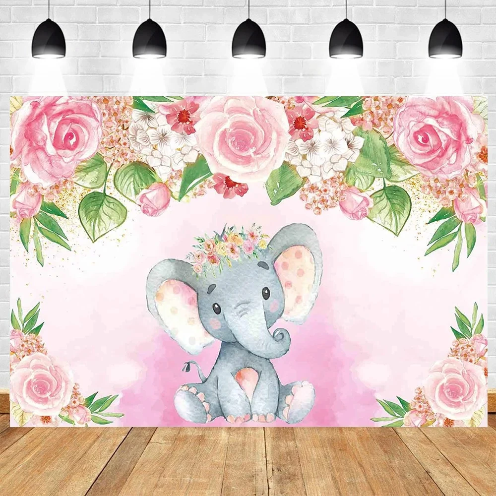 Elephant flower Backdrop Newborn Boy Girl 1st Birthday Party Photo Background Photography Backdrop Baby Shower Party Decorations