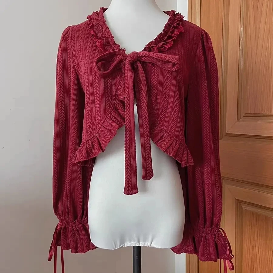 

Вязаный кардиган в стиле японской Лолиты с рукавами-фонариками и пышными рукавами, мягкая милая короткая куртка для девочек, женская универсальная куртка