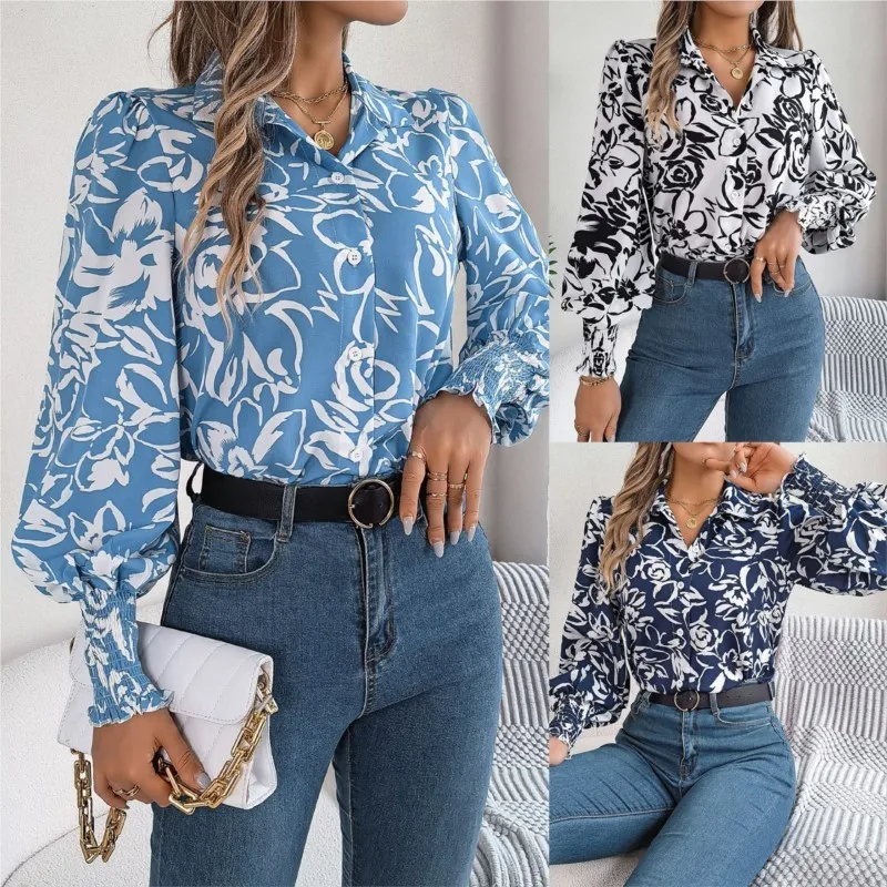 Women's Casual Shirt 2024 Autumn Winter Elegant Contrast Color Flower Lantern Long Sleeve Blouses Women Streetwear Tops Clothing