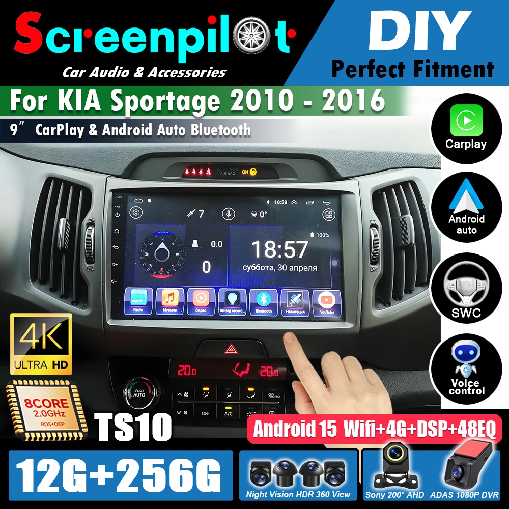 Android 16For KIA Sportage 2010 2011 2012 2013 2014 2015 2016 Car Radio Stereo Multimedia Player  GPS Navigation 2din Carplay