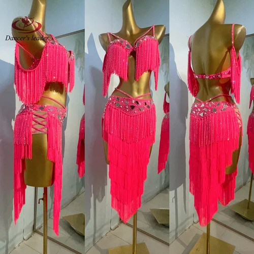 Imagen 1 del producto Traje de danza del vientre con diamantes de imitación para mujer, vestido de actuación de Tango Samba con borlas rojas personalizadas de gama alta, tirantes de lente grande