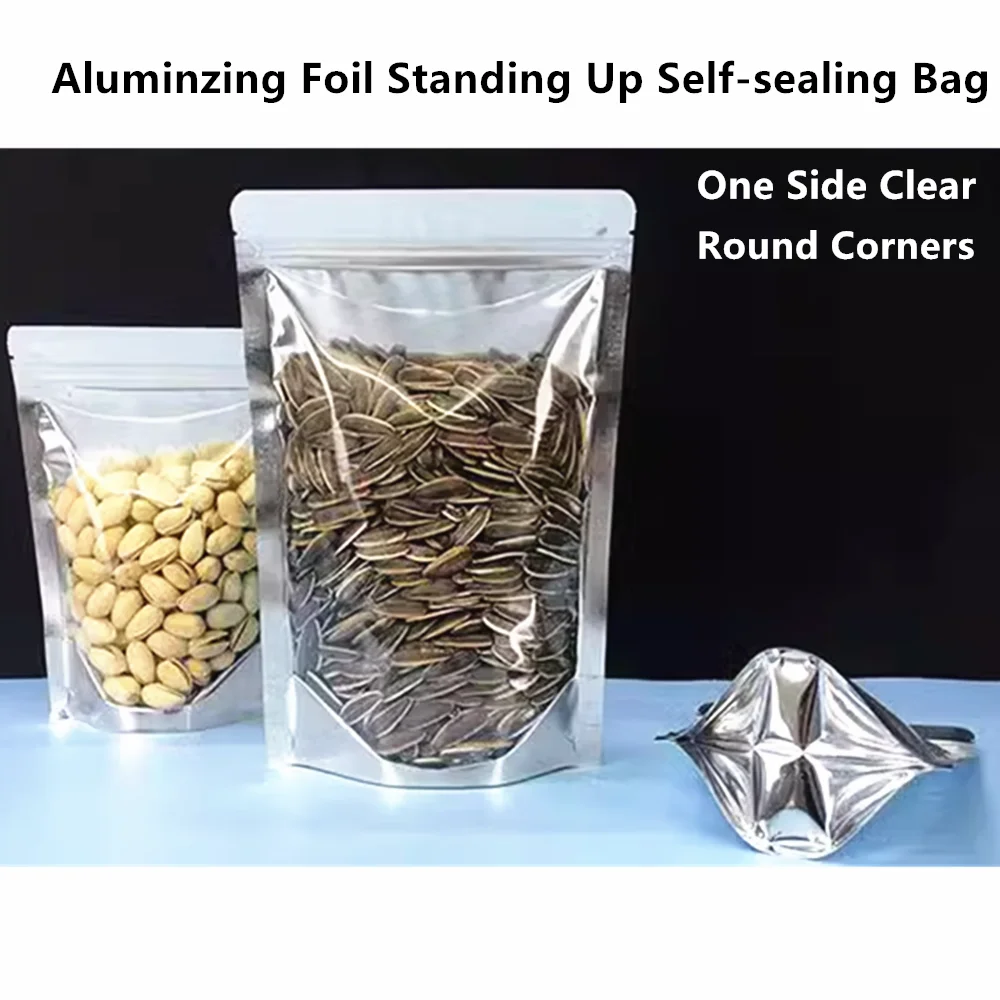 

100pcs One Side Transparent Stand Up Aluminizing Foil Self Sealing Bags, Zip Grip Resealable Food Grade Pouch Nuts Gift Package