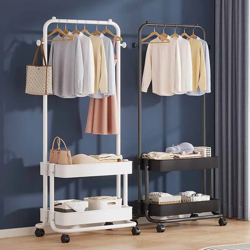 

Double Storage Shelf Clothes Garment Rack Movable Wholesale Floor Standing Household Multifunctional Laundry Hanging Rack