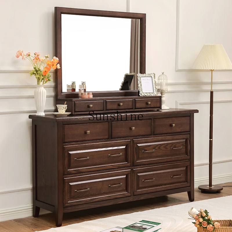 

American simple solid wood dresser bedroom integrated storage desktop large mirror