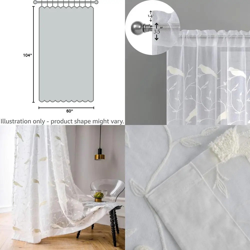 

Прозрачные шторы с вышивкой птиц, длина 104, набор из 2 оконных панелей из вуали для гостиной и спальни