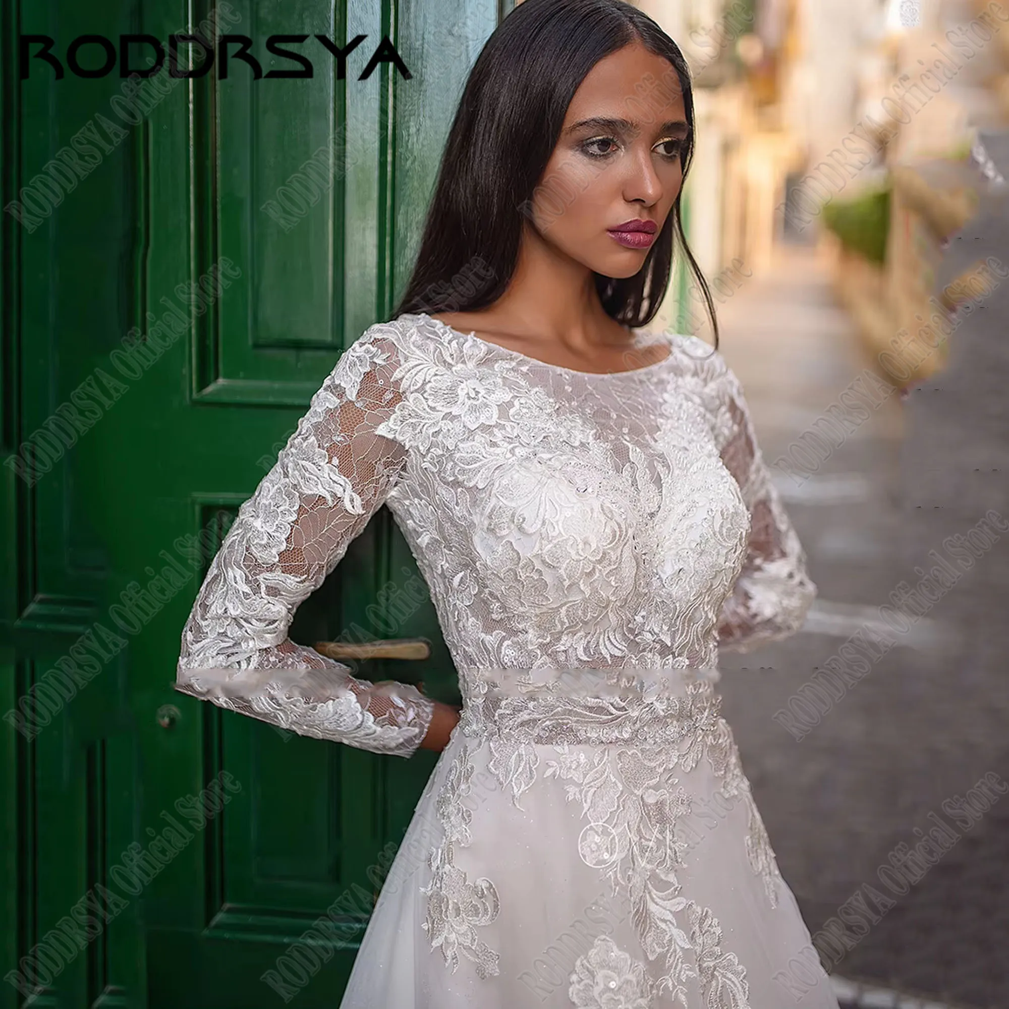 RODDRSYA فساتين زفاف مكشوفة الظهر للعروس فاخرة أكمام طويلة Vestidos De Novia دانتيل زين فساتين زفاف للنساء قطار الاجتياحRoddRSYA العروس ثوب الزفاف الفاخرة طويلة الأكمام سترة دي نوفيا الدانتيل الشارات فستان الزفاف السيد