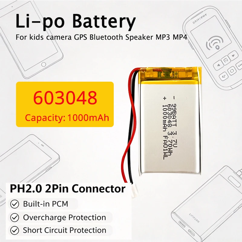 603048 3.7v Lipo Battery 1000mah JST Ph2.0 2pin 063048 Lithium Polymer Battery for Kids Camera GPS Bluetooth Speaker E-book MP3