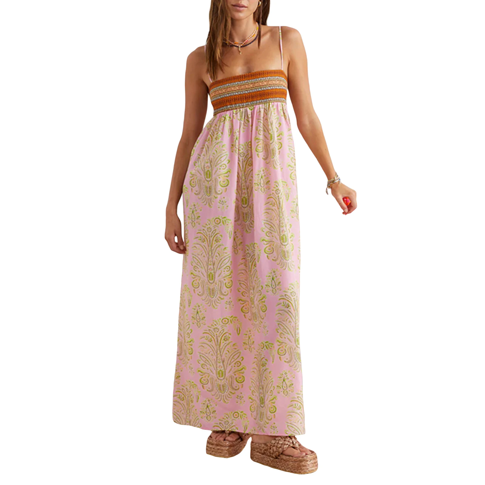 ผู้หญิงโบฮีเมียนฤดูร้อนสปาเก็ตตี้ชุดเดรสวินเทจพิมพ์คอเรือแขนกุดBackless Camiชุดชายหาดยาว