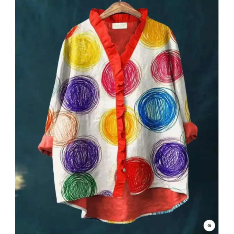 Ladies' printed long sleeved shirt with ruffled neckline, featuring a vintage artistic and Retro artistic and leisure style