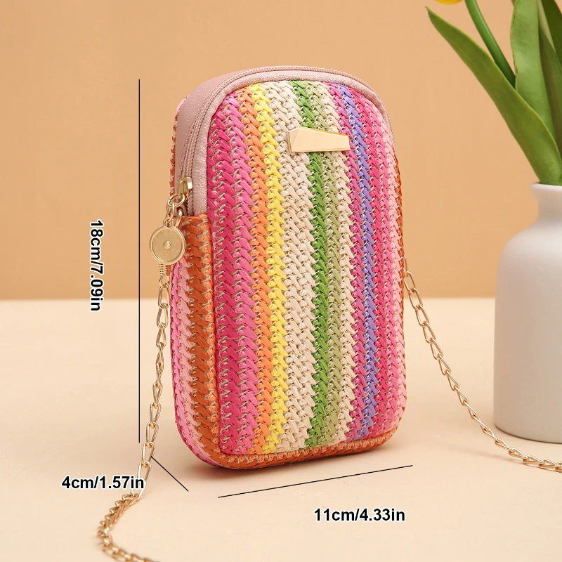 Women's Woven Beach Bag,Rainbow Pattern Shoulder Storage Bag,Spring/Summer Makeup Lipstick Mobile Wallet,The Best Gift for Girls