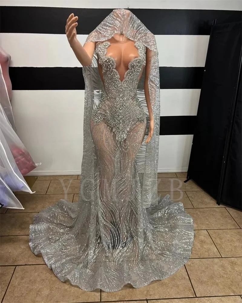 Glitter Silver Prom Dresses 2026 Luxury Black Girls Diamond Beaded With Head Wrap Sexy Wedding Birthday Party Evening Gowns