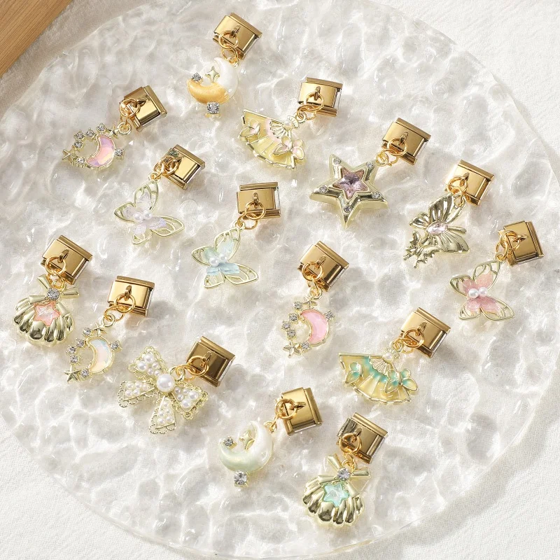 Golden Charm Shell Butterfly Star Moon Cherry Italian Charm Links Fit 9mm Bracelet Stainless Steel DIY Jewelry Making Wholesale