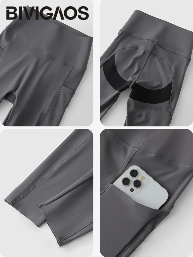 BIVIGAOS Spring Summer Pocket Sharkskin Leggings Women High Waist Tight Butt Lifter Nude Feeling Sport Fitness Running Leggings