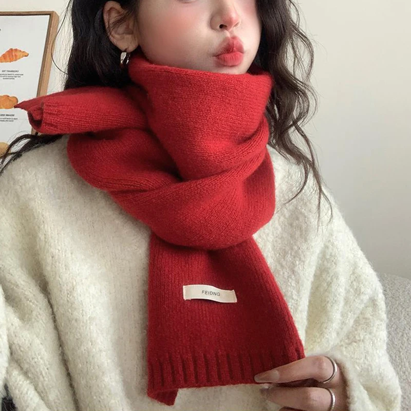 Korean Style Solid Color Scarf 2025 Autumn Winter Warm Knitted Versatile Student Couple Scarf for Stylish Warmth