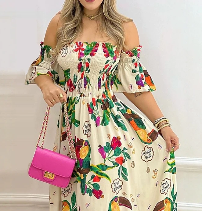 Women's Sweet Dress 2025 Spring/Summer New Edition Beige Printed Single Shoulder Dress Tie Dyeing Five Sleeve Long Dress