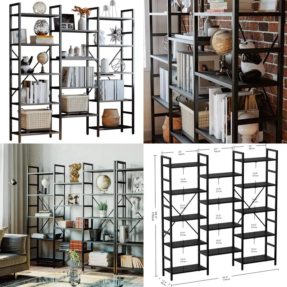 Libreria in stile industriale a 5 ripiani triplo largo con struttura in metallo per ampio spazio di archiviazione aperto