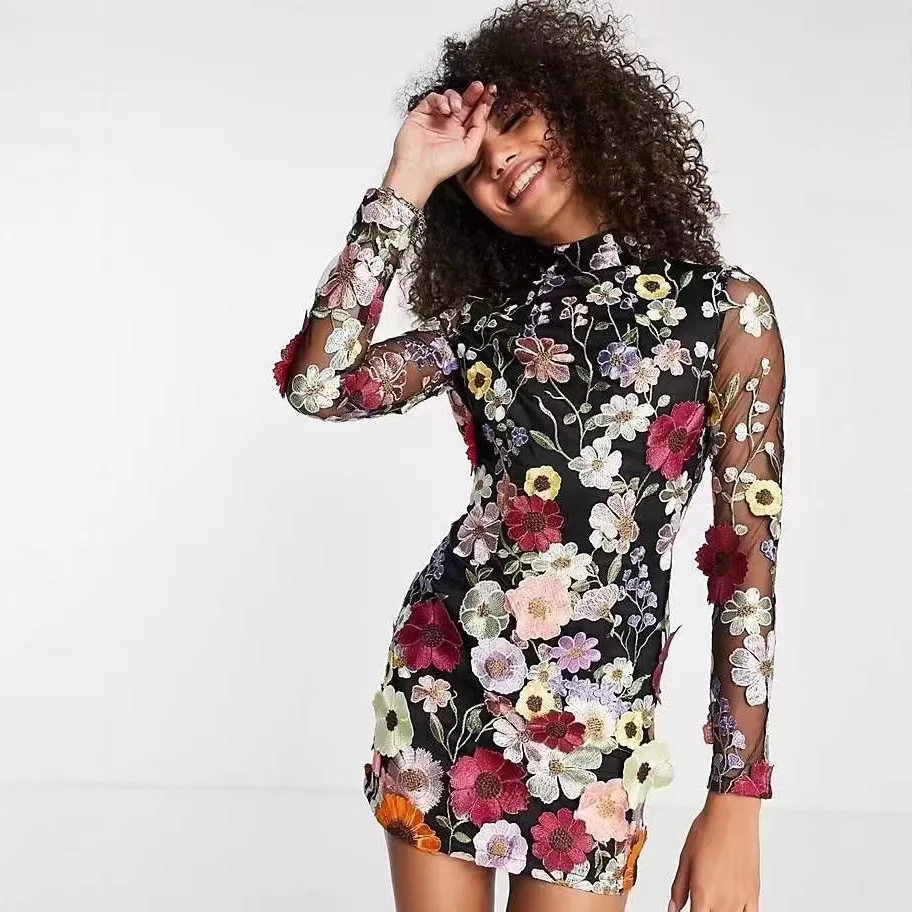 

Flower Fashion Mini Dresses Women Sexy Lace Embroidery Dress Mesh Slim Party Club Dress Lady Summer Boho Short A- Line Dress