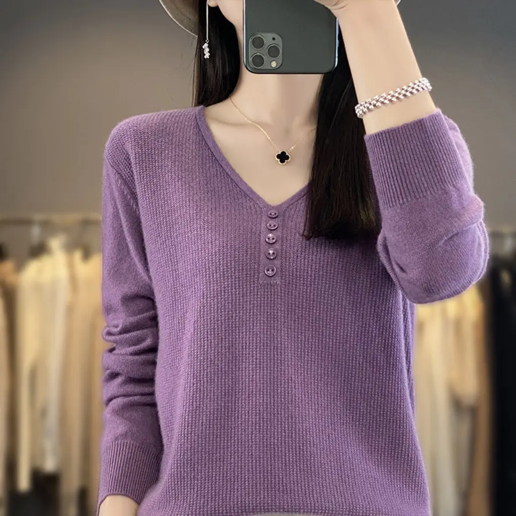 

Женский свитер с v-образным вырезом и длинными рукавами в западном стиле, однотонный вязаный базовый топ с пряжкой, верхняя одежда, внутренняя осень-зима